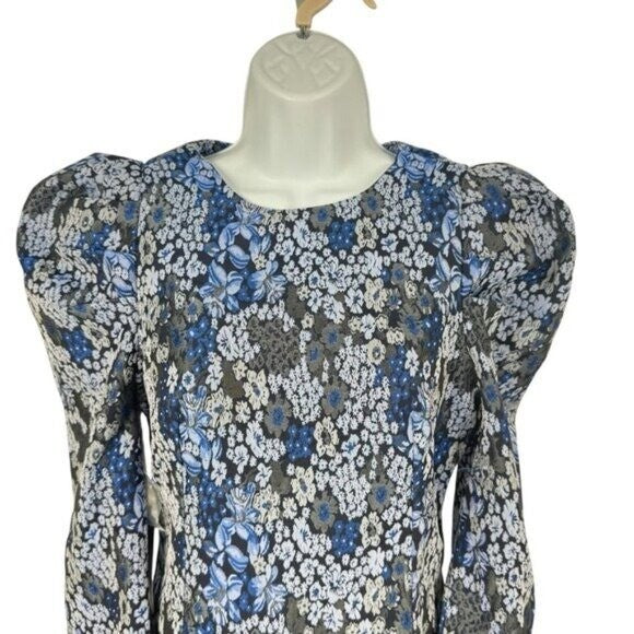 Hyacinth House NEW Blue Jacquard Priscilla Floral Puff Sleeve Blouse Size XXS