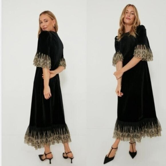 Pomander Place Black Velvet Lillith Gold Embroidered Lace Maxi Dress Size XXXL