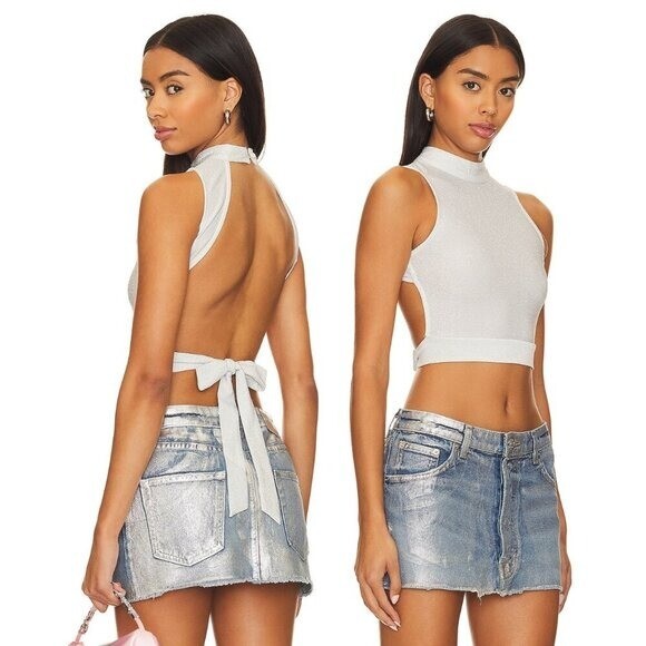 NEW superdown REVOLVE Sophie Metallic Silver Open Back Crop Top Size XL