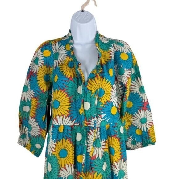 Tuckernuck NEW Salty Paloma Blue Daisy Retro Long Sleeve Caftan Size XS