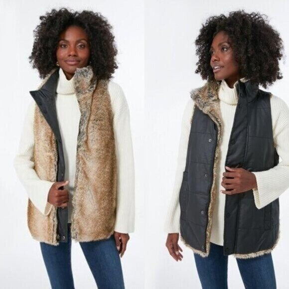 Tuckernuck NEW Faux Fur Reversible Full Zip Baker Brown Tan Vest Size M