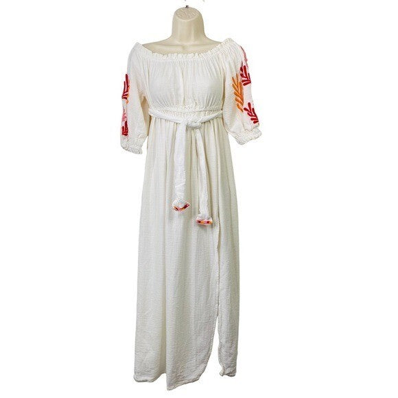 Sundress | Poly Dress in Tulum White & Mix Red Embroideries Size M/L