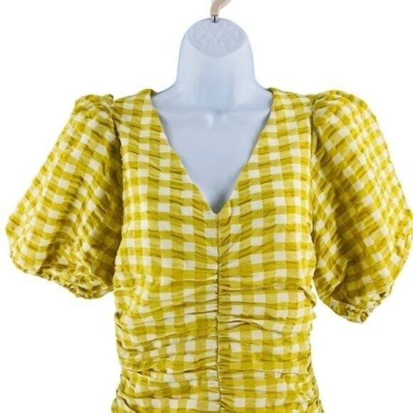 Petal & Pup NEW Tenice V Neck Gingham Puff Sleeve Mini Dress Green Size M