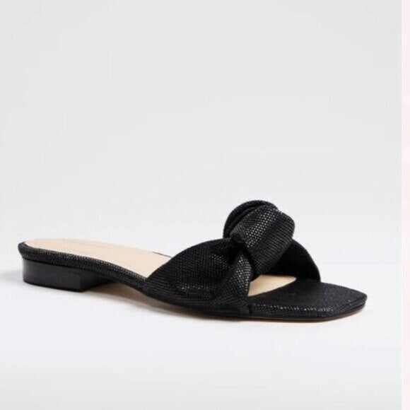 Tuckernuck NEW Black Raffia Britt Square Toe Knot Slip On Flat Sandal Size 7