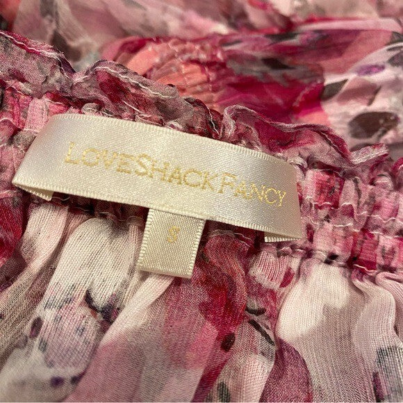 LoveShackFancy NEW Pink Indigo Silk Off the Shoulder Floral Maxi Dress Size S