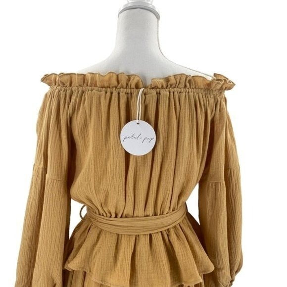 Petal and Pup NEW Callie Off the Shoulder Gauzy Ruffle Mini Dress Yellow Size L