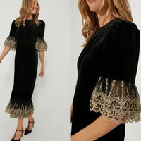 NEW Pomander Place Black Velvet Lillith Gold Embroidered Lace Maxi Dress Size M