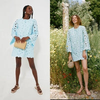 Tuckernuck NEW Aqua Floral Lace Camilla Long Flared Sleeve Mini Dress Size L