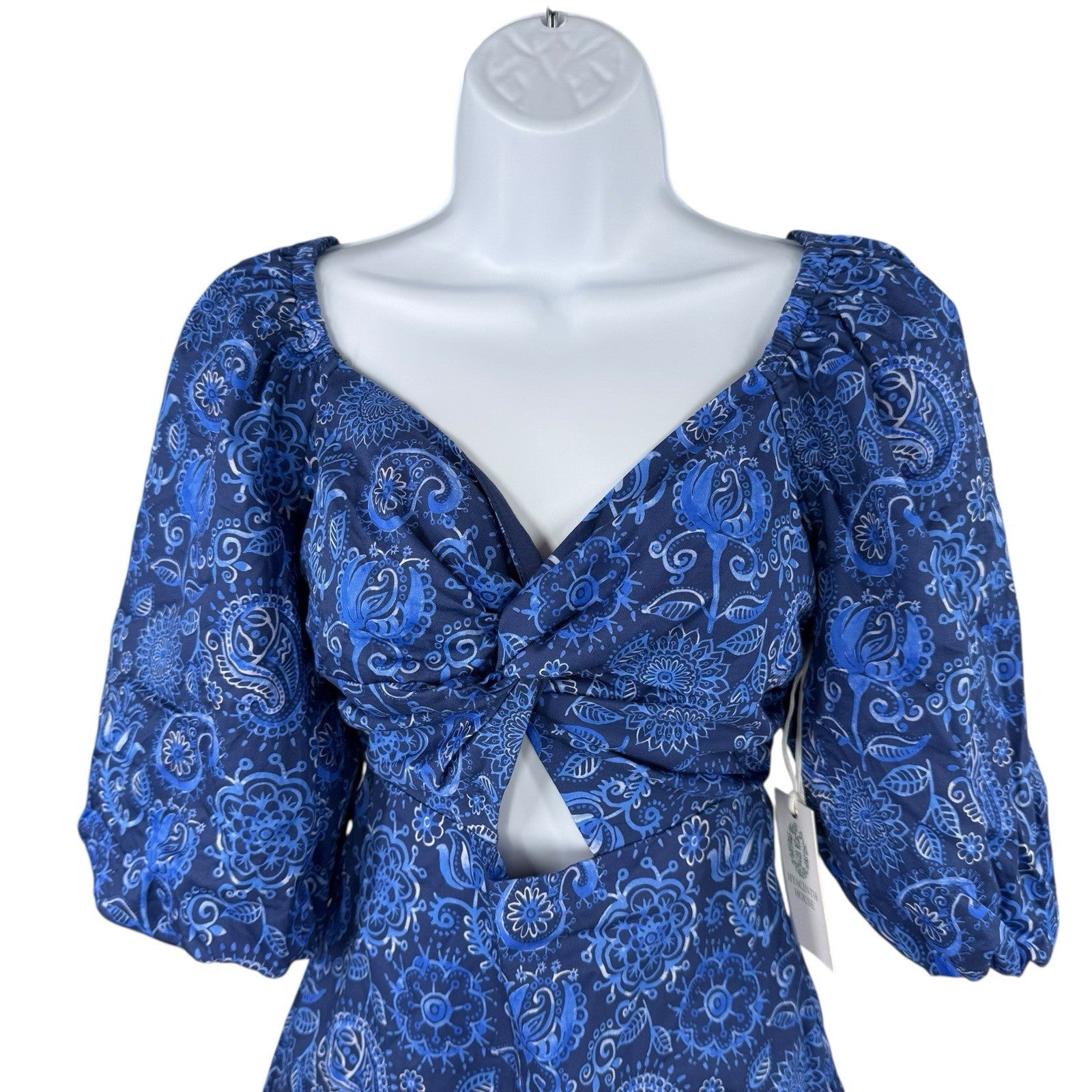 Hyacinth House NEW Blue Mod Paisley Bianca Puff Sleeve Mini Dress Size XXS