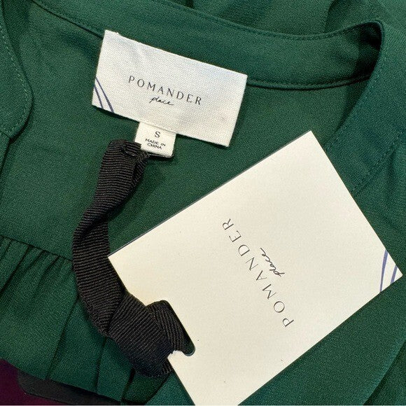 Pomander Place NEW Hunter Green Crepe Kenzo Long Sleeve Party Mini Dress Size S