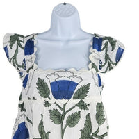 Juliet Dunn NEW White and Klein Blue Baby Doll Floral Scalloped Top Size M
