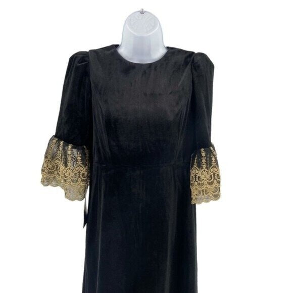 NEW Pomander Place Black Velvet Lillith Gold Embroidered Lace Maxi Dress Size XS
