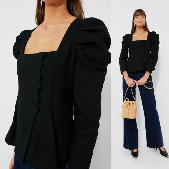 Tuckernuck NEW Black Calla Structured Puff Sleeve Button Blouse Size Small