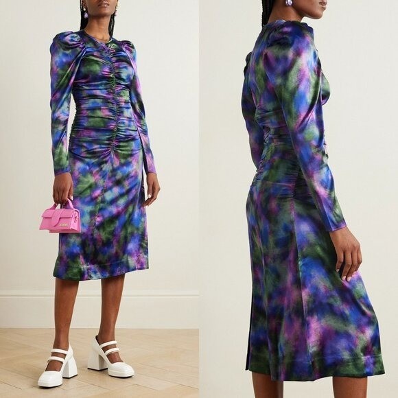Ganni NEW Watercolor Simply Purple Silk Stretch Formal Satin Midi Dress Size L