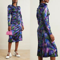 Ganni NEW Watercolor Simply Purple Silk Stretch Formal Satin Midi Dress Size L