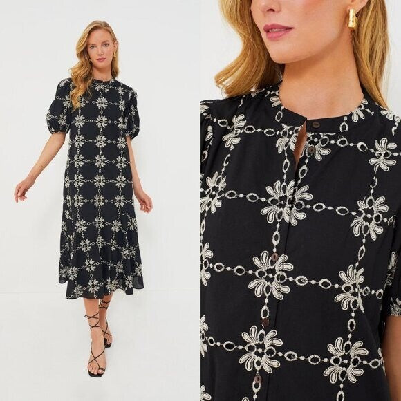 Tuckernuck NEW Black Eyelet Lewis Puff Sleeve Embroidered Maxi Dress Size S