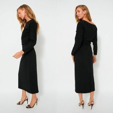 Tuckernuck NEW Black Esta Formal Long Sleeve Asymmetrical Midi Dress Size 6