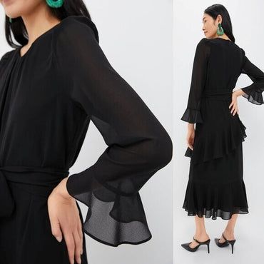 Tuckernuck NEW Black Sasha Long Sleeve Formal Ruffle Party Midi Dress Size XS