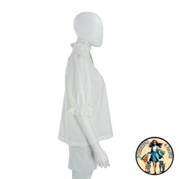Pomander Place | NEW White Selena Short Puff Sleeve Ruffle Collar Blouse Size S