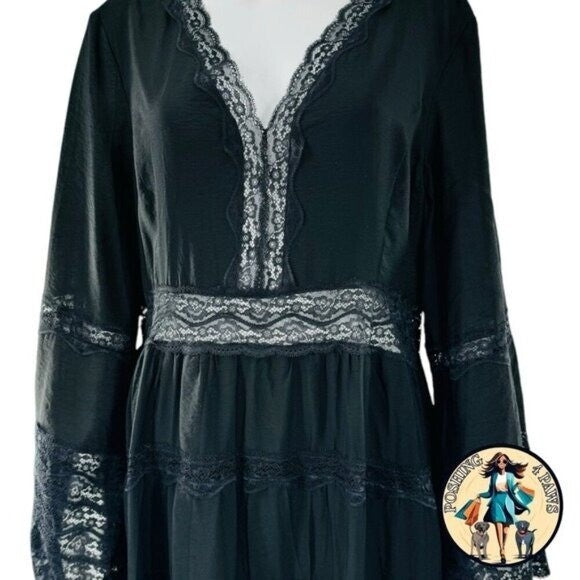 Hyacinth House NEW Lydia V Neck Black Lace Tiered Elegant Maxi Dress Size XS