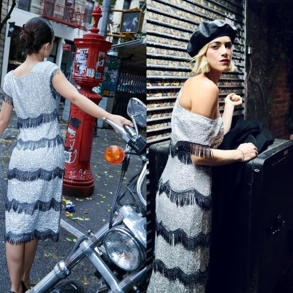 Batsheva NEW Octavia Cocktail Party Formal Midi Dress in Silver Sequin Size 6