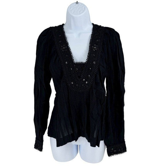 Sea New York NEW Charlotte Black Embellished Long Sleeve V Neck Top Size XS