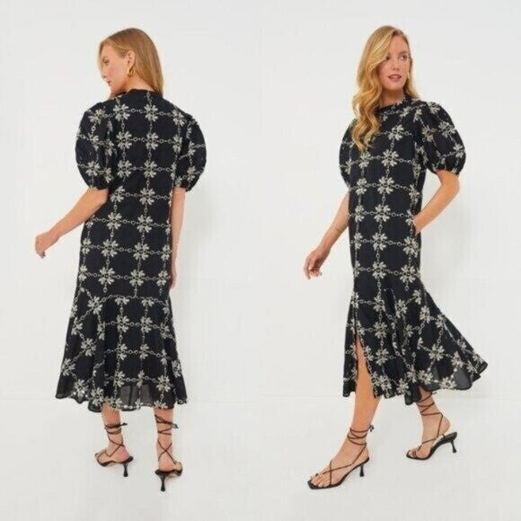 Tuckernuck NEW Black Eyelet Lewis Puff Sleeve Embroidered Maxi Dress Size M