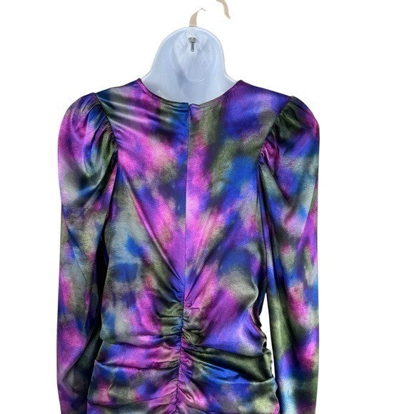 Ganni NEW Watercolor Simply Purple Silk Stretch Formal Satin Midi Dress Size L