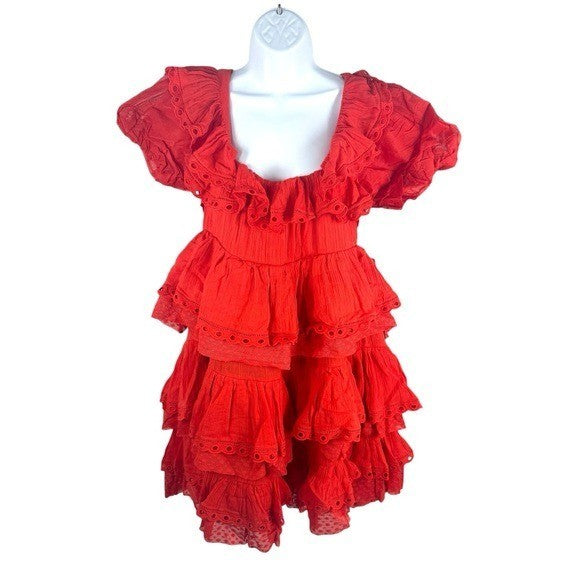 INNIKA CHOO Poinciana Red Organdy Puff Sleeve Scalloped Layer Mini Dress Size S