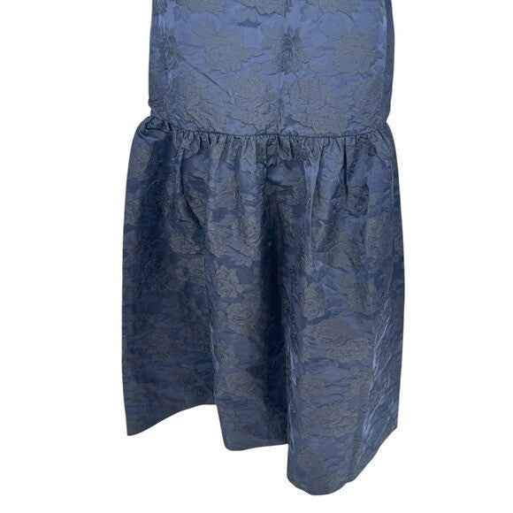 GANNI NEW Navy Blue Botanical Jacquard Formal Bow Strap Midi Dress Size 4