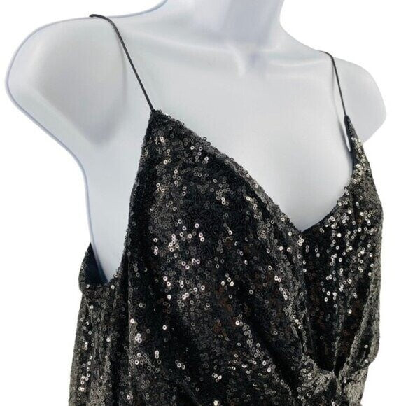 Petal & Pup | NEW Riri Sequin Cocktail V-Neckline Wrap Mini Dress Black Size L