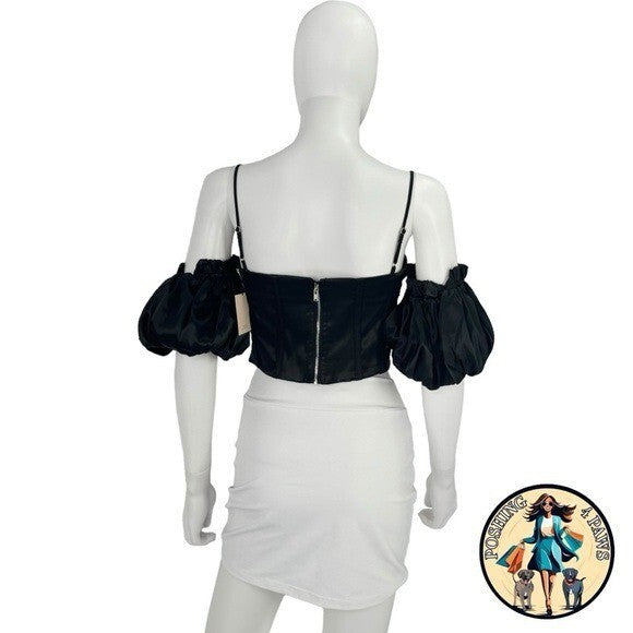 superdown Black Satin Off the Shoulder Phoebe Corset Top in Black Size Small