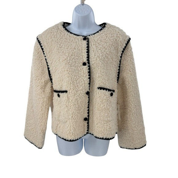 Hyacinth House NEW Cream Textured Scalloped Edge Jacket Teddy Coat Size Large