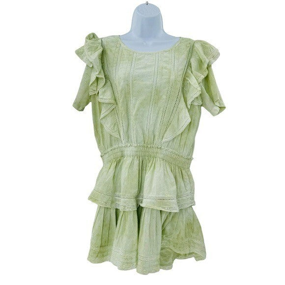 LoveShackFancy Natasha Green Lace Embroidered Tiered Ruffle Mini Dress Size L