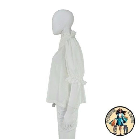 Pomander Place | NEW White Selena Short Puff Sleeve Ruffle Collar Blouse Size S