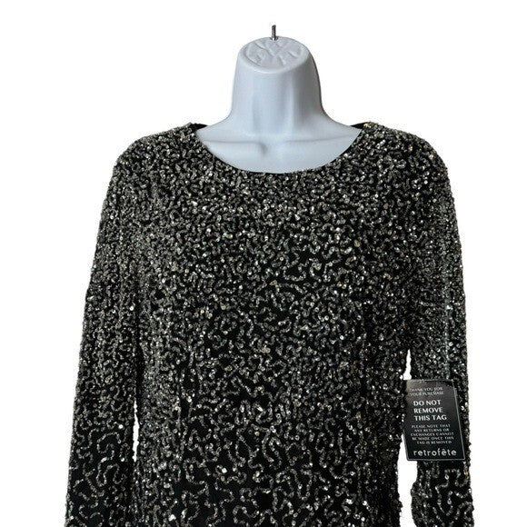 Retrofete NEW Nikki Sequins Long Sleeve Black Cocktail Party Mini Dress Size L