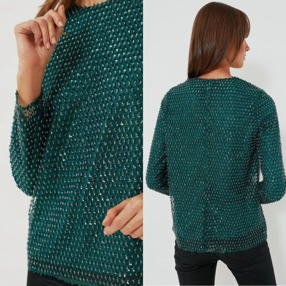 Tuckernuck NEW Hyacinth House Green Sequin Mesh Gemma Blouse Top Size XS