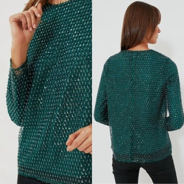 Tuckernuck NEW Hyacinth House Green Sequin Mesh Gemma Blouse Top Size XS