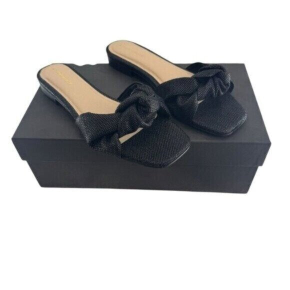 Tuckernuck NEW Black Raffia Britt Square Toe Knot Slip On Flat Sandal Size 6