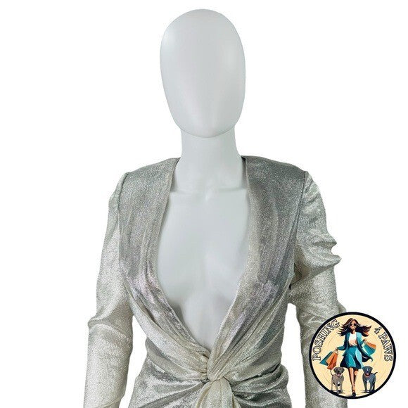 Redemption for FWRD Long Sleeve Metallic Deep V Party Dress in Silver Size XS