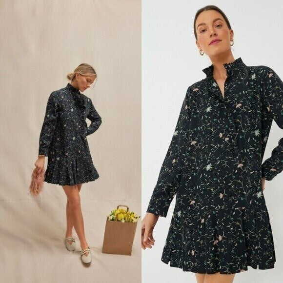 Tuckernuck NEW Campden Vine Tate Black Long Sleeve Pleated Mini Dress Size M