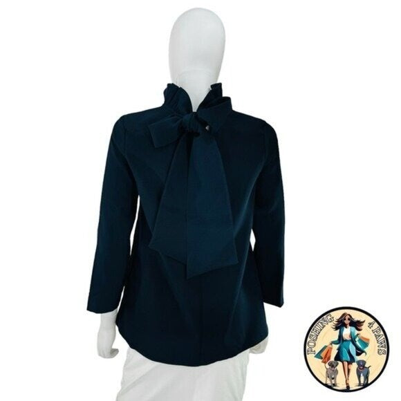 Tuckernuck NEW Navy Faye Preppy Bow Ruffle Collar 3/4 Sleeve Blouse Size XXS