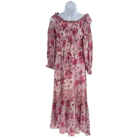 LoveShackFancy NEW Pink Indigo Silk Off the Shoulder Floral Maxi Dress Size S