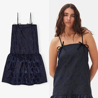 GANNI NEW Navy Blue Botanical Jacquard Formal Bow Strap Midi Dress Size 4