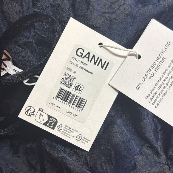 GANNI NEW Navy Blue Botanical Jacquard Formal Bow Strap Midi Dress Size 6