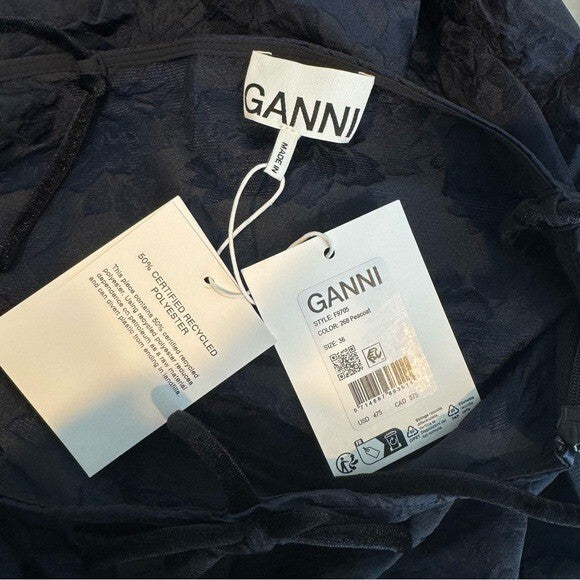 GANNI NEW Navy Blue Botanical Jacquard Formal Bow Strap Midi Dress Size 4