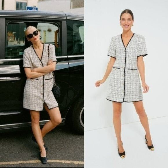 Pomander Place NEW White Tweed Retro Josephine Mini Dress in White Black Size M