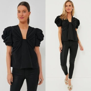 Hyacinth House NEW Black Aubrey Puff Sleeve V Neck Blouse Top Size S