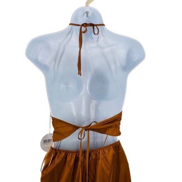 Mable x Petal & Pup NEW Angelique Open Back Satin Cognac Matching Set Size M