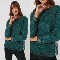 Tuckernuck NEW Hyacinth House Green Sequin Mesh Gemma Blouse Top Size XS